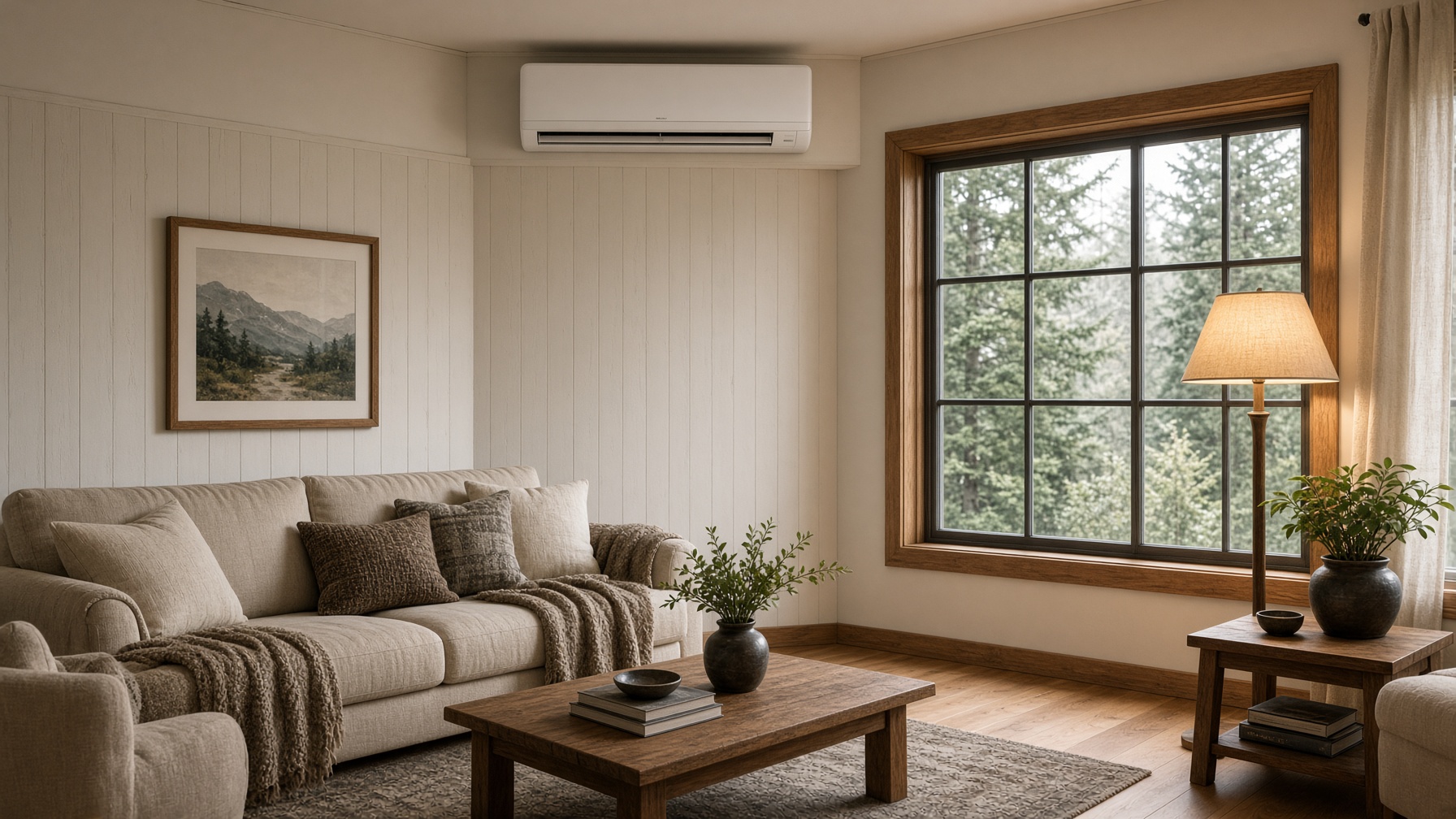 White high-wall evaporator head mounted inside a living room