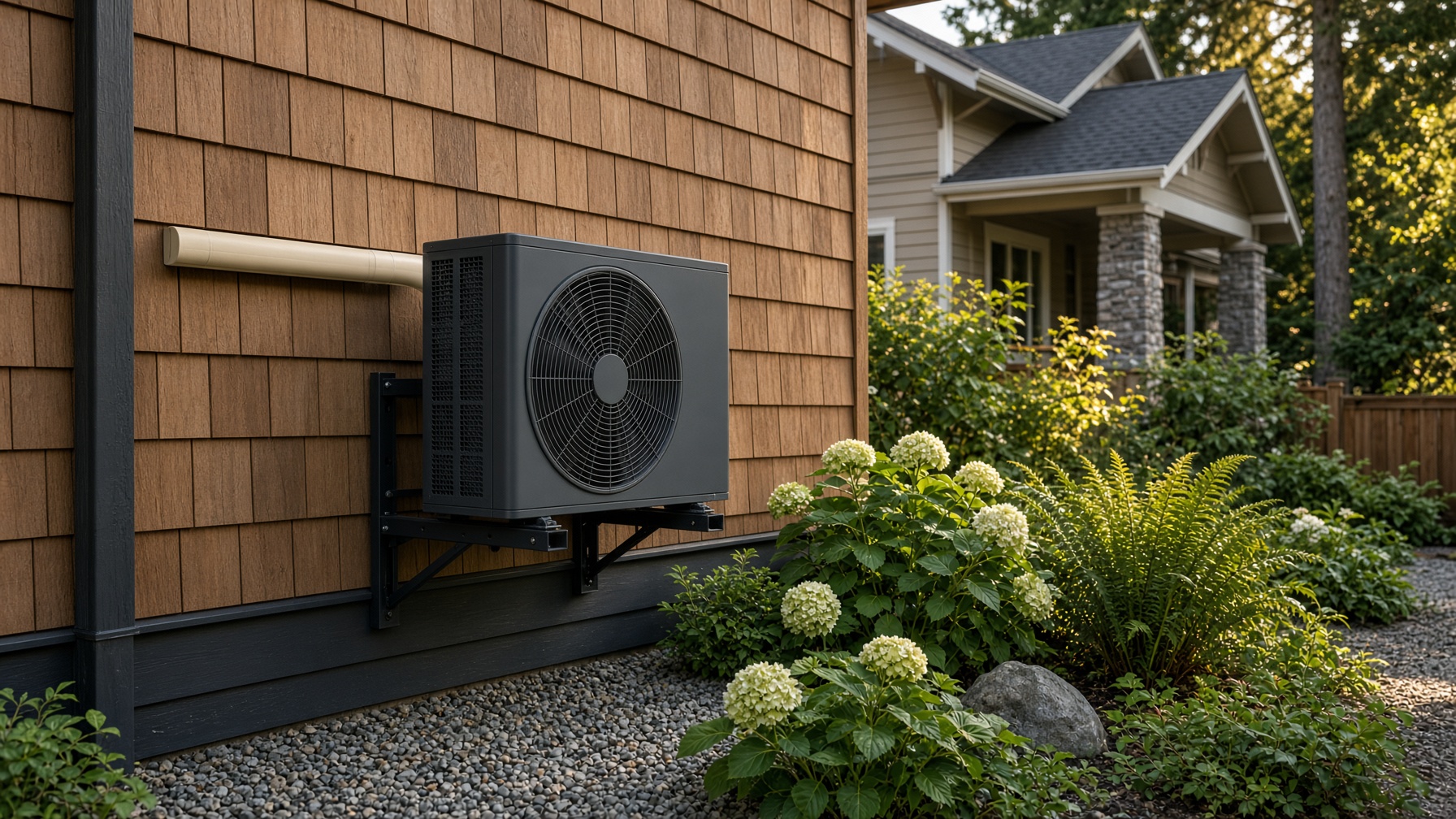 Side-discharge mini-split outdoor condenser on a wall bracket